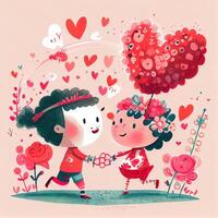 generativo ai illustrazione di un adorabile e accattivante cartone animato personaggio per San Valentino giorno, amore, cuori, fiori, romanza, felice, allegro, gioioso, divertimento, giocoso, spensierato, dolce foto