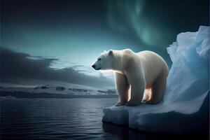 generativo ai illustrazione di solitario bianca orso su iceberg, aurora cielo foto