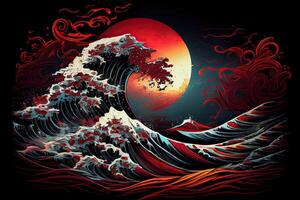 generativo ai illustrazione di un' mare buio notte paesaggio. rosso chiaro di luna riflessa nel il onde di il oceano. mare tempestoso onda con schiuma, giapponese arte stile foto