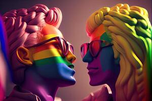 generativo ai illustrazione di diversità giovane gay donne e uomini con agitando orgoglio arcobaleno bandiera. sostenitori di il lgbt Comunità. neurale Rete generato arte. digitalmente generato Immagine. foto