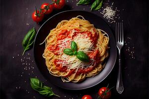 generativo ai illustrazione di gustoso appetitoso classico italiano spaghetti pasta con pomodoro salsa, formaggio parmigiano e basilico su piatto su buio tavolo. Visualizza a partire dal sopra foto