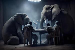 generativo ai illustrazione di africano elefanti giocando poker nel un' fumoso camera, il elefante poker gioco foto