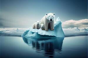 generativo ai illustrazione di famiglia bianca orso su iceberg, aurora cielo foto