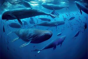 generativo ai illustrazione di banchi di blu balene sotto acqua, oceano foto