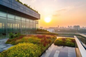 generativo ai illustrazione di bellissima giardino su il tetto di un' contemporaneo bicchiere ufficio edificio nel Asia foto