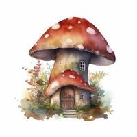 piatto arte di un' piccolo fungo Casa, digitale acquerello arte isolato su bianca, creare ai foto