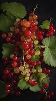 un Immagine di rosso ribes frutti di bosco e giallo foglie, nel il stile di leggero rosso e leggero Smeraldo, generat ai foto