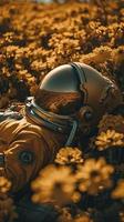 alto struttura qualità foto di biomeccanico astronauta dire bugie nel un' prato di giallo dalia fiori, generat ai