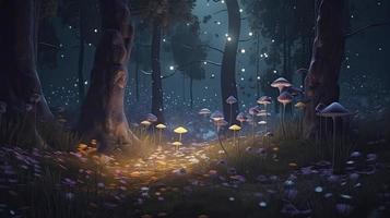 fantasia foresta a notte, Magia raggiante fiori nel fiaba Di legno, creare ai foto