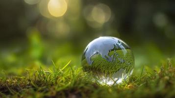 un' bicchiere globo concetto giorno terra Salva il mondo Salva ambiente il mondo è nel il erba di il verde bokeh sfondo, generat ai foto