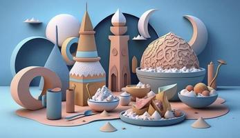 iftar pasti e incontri, pastello colori, su blu sfondo. creatività di umano.3d rendere e illustrazione, creare ai foto