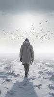 un' uomo nel un' bianca felpa con cappuccio è a piedi lungo il bianca nevoso deserto, nascondiglio il suo viso e svolazzanti nel il freddo inverno vento, generat ai foto