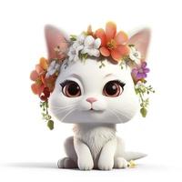 così carino gatti indossare fiori su testa, clipart, pixar, cartone animato, divertente, bianca sfondo 8 mila, generat ai foto