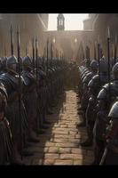 creare un' 2d Immagine di un' medievale esercito nel formazione con soldati in piedi nel pulito righe e colonne. il scena dovrebbero essere impostato durante il giorno con luminosa naturale illuminazione, generat ai foto
