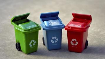 gratuito foto tre miniatura riciclare bidoni, generat ai