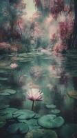 un' lago di acqua gigli con alberi su uno lato, nel il stile di leggero Smeraldo e rosa, creare ai foto