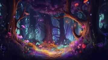 un' bellissimo fiaba incantata foresta a notte fatto di luccicante cristalli con alberi e colorato vegetazione, creare ai foto