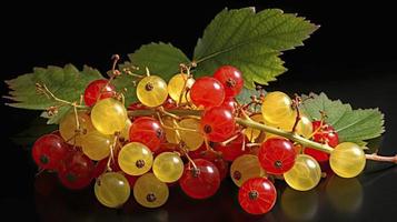 un Immagine di rosso ribes frutti di bosco e giallo foglie, nel il stile di leggero rosso e leggero Smeraldo, generat ai foto