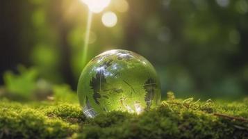 foto luce del sole con terra sfera cristallo o sostenibile globo bicchiere su verde muschio natura sfondo nel ecologia ambiente foresta concetto di albero conservazione ambientale pianeta eco, generat ai