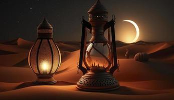 arabia sahara lanterna e Luna impostare per saluto Ramadan o eid mubarak carte, creare ai foto