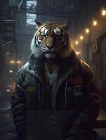 un' paffuto ma forte tigre vivente nel il cyberpunk città, tigre testa, indossare un' grande pelle giacca, agghiacciante, pieno corpo, scontroso viso, realistico olio la pittura, generat ai foto