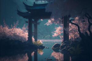 un' lago con ciliegia fiori, pietre e un' stile giapponese arco nel il sfondo. generato di ai. foto