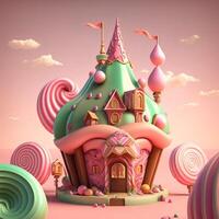 un' Casa fatto di marshmallows e caramello con caramella nel il background.candyland.ai generato. foto