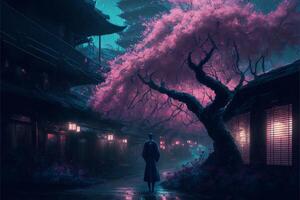 un' uomo nel tradizionale giapponese capi di abbigliamento contro il fondale di un' giapponese città a notte e sakura.dark illustrazione di sakura contro il fondale di giapponese architettura.ai generato. foto