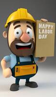 cartone animato 3d illustrazione di un' lavoratore con un' contento espressione Tenere un' tavola contento lavoro duro e faticoso giorno generativo ai foto