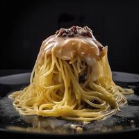 molecolare gastronomia ispirato ricostruito spaghetti carbonara, moderno arte estremamente dettagliato squillare cenare molecolare gastronomia spaghetti carbonara arte, generat ai foto