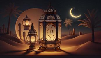 arabia sahara lanterna e Luna impostare per saluto Ramadan o eid mubarak carte, creare ai foto