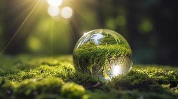 foto luce del sole con terra sfera cristallo o sostenibile globo bicchiere su verde muschio natura sfondo nel ecologia ambiente foresta concetto di albero conservazione ambientale pianeta eco, generat ai
