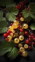 un Immagine di rosso ribes frutti di bosco e giallo foglie, nel il stile di leggero rosso e leggero Smeraldo, generat ai foto