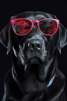 un' affascinante e giocoso Immagine di un' nero labrador indossare rosso occhiali da sole, creare ai foto