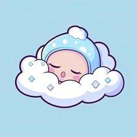 carino bambino addormentato su nube cuscino cartone animato icona illustrazione, generat ai foto