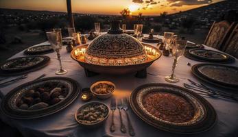 Ramadan iftar cibo, iftar pasti e incontri, Ramadan iftar eid. musulmano famiglia ha cena a casa. tavolo con tradizionale cibo. eid al-Fitr celebrazioni, creare ai foto