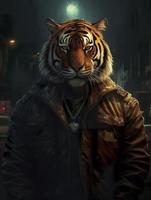 un' paffuto ma forte tigre vivente nel il cyberpunk città, tigre testa, indossare un' grande pelle giacca, agghiacciante, pieno corpo, scontroso viso, realistico olio la pittura, generat ai foto