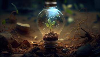 verde energia e un' luminosa futuro un' leggero lampadina nel suolo generato ai foto