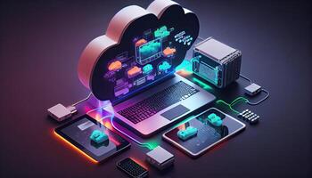 nube tecnologia calcolo dispositivi collegato per digitale Conservazione nel il dati centro attraverso il Internet IoT inteligente casa comunicazione il computer portatile tavoletta Telefono dispositivi uomo d'affari utilizzando tecnologia generato ai foto