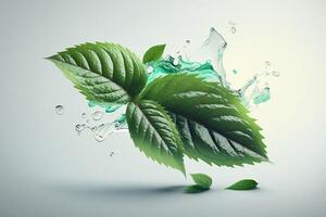 fresco verde le foglie di menta piperita con acqua spruzzi isolato su bianca sfondo. generativo ai foto