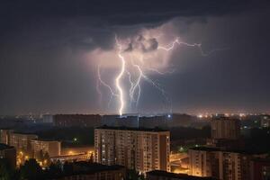 fulmine al di sopra di il notte città. ai generato foto