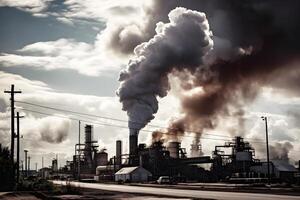 industriale fabbriche pubblicazione scarico vapore in il atmosfera. generativo ai foto