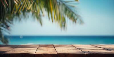 vuoto di legno tavolo con tropicale spiaggia di estate sfondo, gratuito spazio per Prodotto Schermo. generativo ai foto