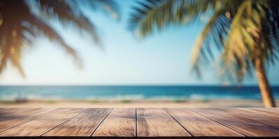 vuoto di legno tavolo con tropicale spiaggia di estate sfondo, gratuito spazio per Prodotto Schermo. generativo ai foto