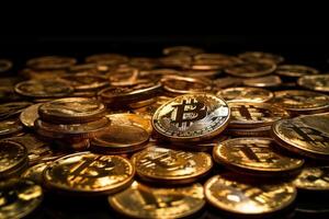 crypto moneta d'oro bitcoin sfondo, finanziario investimento concetto. generativo ai foto