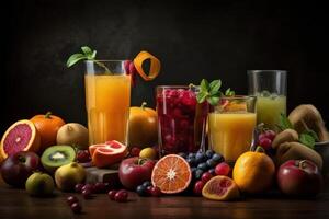 fresco frutta succo su buio sfondo, salutare bevanda ricco nel vitamine. creato generativo ai foto