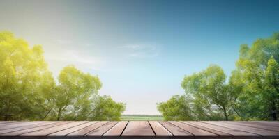 vuoto di legno tavolo con verde albero e blu cielo sfondo, scrivania di gratuito spazio per Prodotto Schermo. creato generativo ai foto