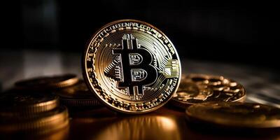 crypto moneta d'oro bitcoin sfondo, finanziario investimento concetto. generativo ai foto