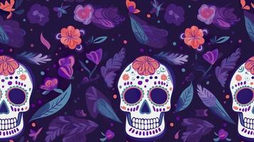 muertos modello con cranio Messico giorno morto vacanza floreale cranio viso floreale senza soluzione di continuità sfondo Halloween senza soluzione di continuità modello viola sfondo, generat ai foto