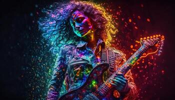 un' donna giocando un' chitarra colorato luccichio scintilla Immagine generativo ai foto